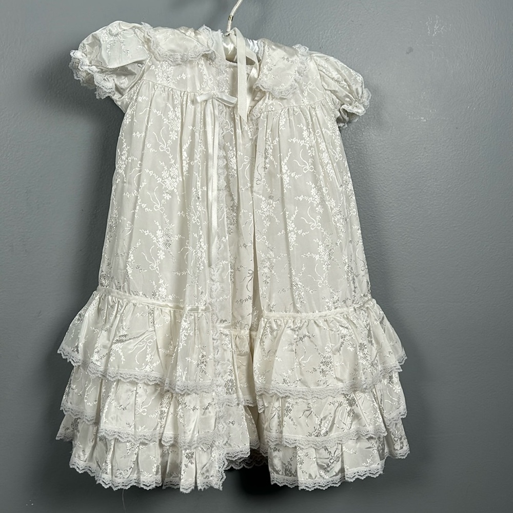 Vintage 2 piece baby outfit ivory jacquard dress robe Christening Gown